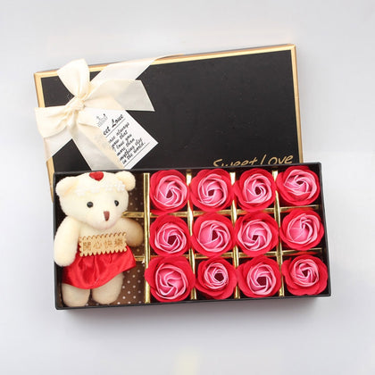 12Pcs/Box Romantic Rose Soap Flower With Little Bear for Valentine's Day Gift