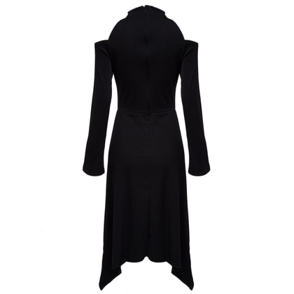 Brief Turtleneck Collar Cut Out Pure Color Asymmetrical Dress for Women