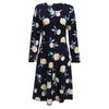 Elegant Round Collar Long Sleeve Allover Floral Print Waist Sheath Dress for Ladies