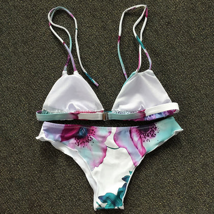 Cute Spaghetti Straps Floral Print Bikini Set For Women