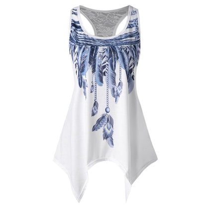 Feather Print Lace Insert Handkerchief Tank Top