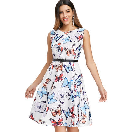 Butterfly Print Vintage Dress with Belt