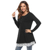 Round Collar Long Sleeve Button Spliced Lace Women T-shirt