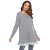 Round Collar Long Sleeve Button Spliced Lace Women T-shirt