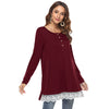 Round Collar Long Sleeve Button Spliced Lace Women T-shirt