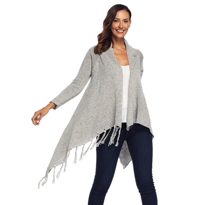 Collarless Long Sleeve Open Front Fringed Asymmetric Button Women Cardigan