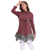 Funnel Collar Long Sleeve Spliced Lace Asymmetric Plus Size Women T-shirt