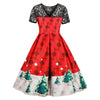 Round Collar Short Sleeve Spliced Lace Christmas Print Plus Size Women Dress