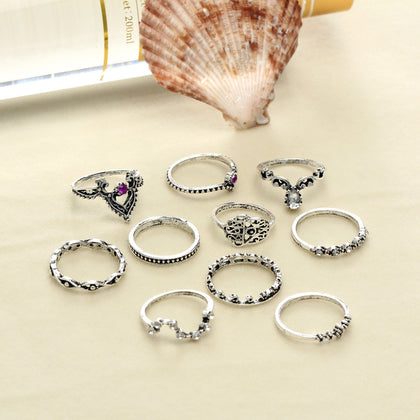 10pcs Women Fashion Ring set Antique Silver Plated Vintage Turquoise Stone Rings