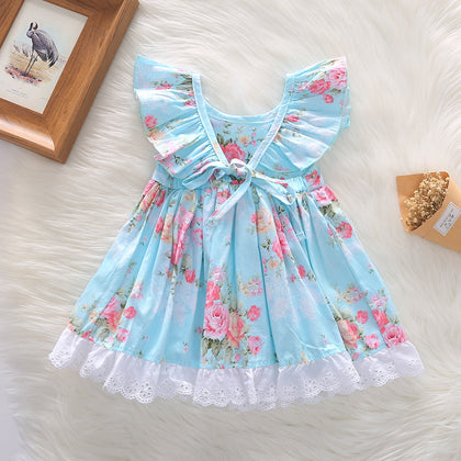 1259 Girls Polyester Printed Floral Ruffled Hem Dress