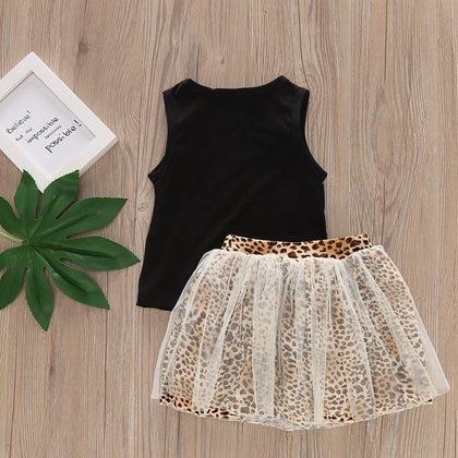 1235 Girls Cotton Knit Vest Leopard Mesh Gauze Bow Skirt