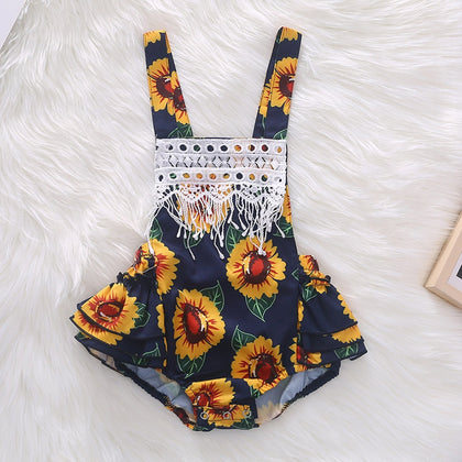 1267 Girls Cotton Sunflower Flower Print Tassel Romper Jumpsuit