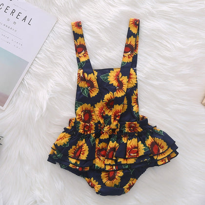 1267 Girls Cotton Sunflower Flower Print Tassel Romper Jumpsuit