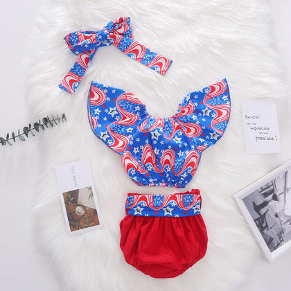 1291 Girls Polyester Bohemian Top + Shorts + Headband Set