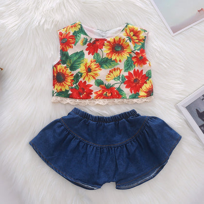 1282 Girls Cotton Sunflower Printed Lace Vest + Solid Color Loose Shorts