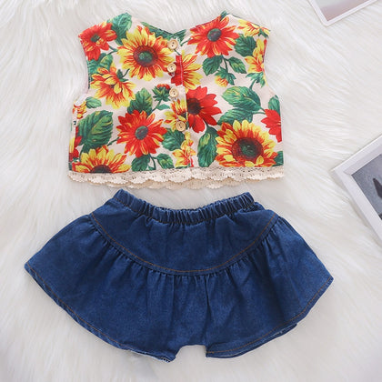 1282 Girls Cotton Sunflower Printed Lace Vest + Solid Color Loose Shorts