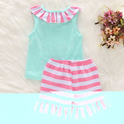 1163 Girls Cotton Cartoon Letter Striped Vest Pants