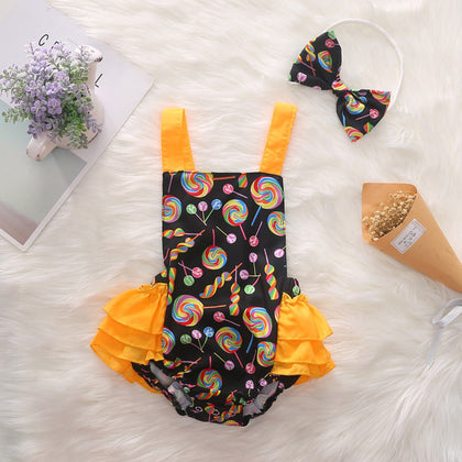 1293 Cotton Lollipop Print Romper + Bow Headwear Set