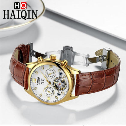 HAIQIN Men Watch Luxury Business Automatic mechanical Watch men Leather Waterproof Male Wristwat ch Calendar Self-winding Clock