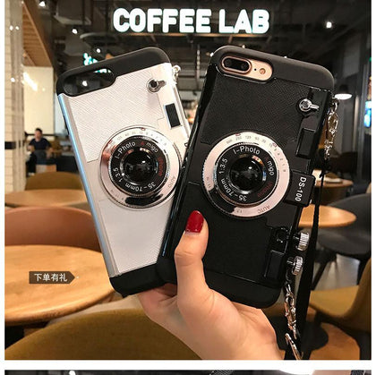 3D funny Retro Camera Phone Cases For iphone 7 6 6S Plus 5 5s 8 plus cover for iphone 10 X back coqeu With Lanyard