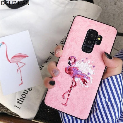 DCHZIUAN Phone Case For Samsung Galaxy S8 S8plus S9 S9 Plus NOTE 8 9 S10 Plus Case Embroidery Flamingo Pink Soft Cover Coque