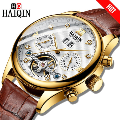 HAIQIN Men Watch Luxury Business Automatic mechanical Watch men Leather Waterproof Male Wristwat ch Calendar Self-winding Clock