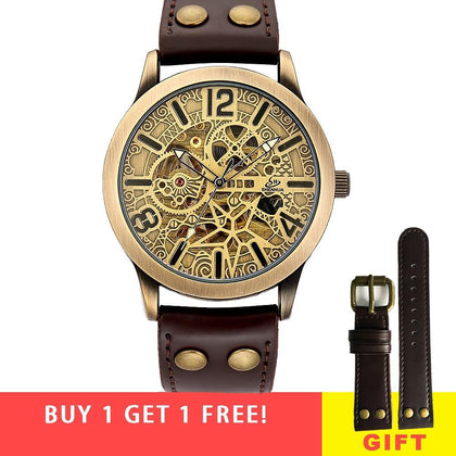 Vintage Skeleton Mechanical Automatic Wrist Watch Men 2018 Shenhua Mechanical Steampunk Watches Self Winding Mens Leather Watch