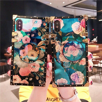 Luxury Blue Ray Flower rose square silicone phone case for iphone 7 8 S 6 plus X XR XS Max holder cover for samsung S8 S9 Note9