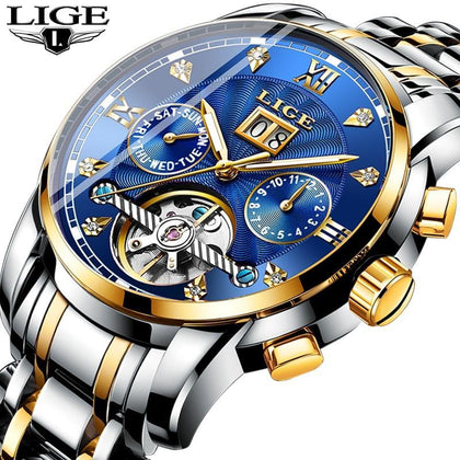 LIGE Men Watches Automatic Mechanical Watch Fashion Diamond Clock Male Stainless Steel Waterproof Watch Men Relogio Masculino