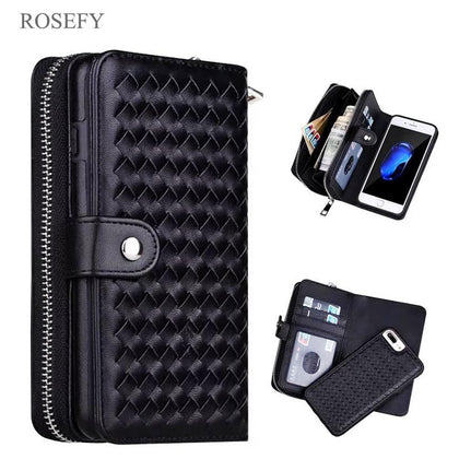 Zipper Removable Wallet Bag Woven Leather Case Cover For iPhone 7 6 6S Plus 5S Samsung galaxy S8 S9 S10 Plus S7 Edge Note 4/5/9